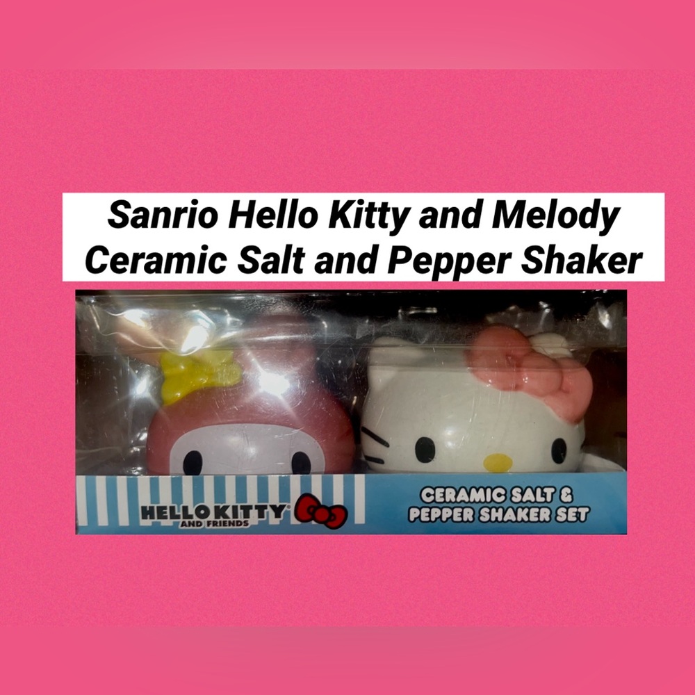 Sanrio Hello Kitty & My Melody Ceramic Salt Pepper Set Cute w Pink & Yellow Bow